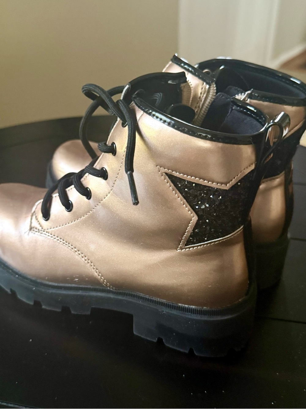 Girls Self Esteem Metallic Bronze Lace-Up Combat Boots with Glitter Star Accent.